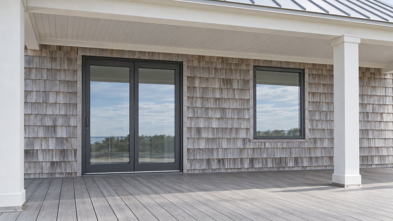 Covered porch of a raised coastal home with silvered cedar shingles, white timber columns and closed charcoal-framed glazing.