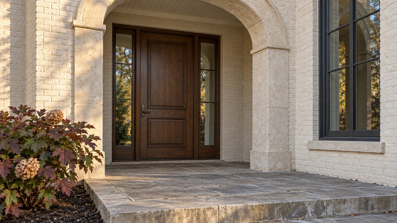 Close view of a recessed walnut entry with glazed sidelights, an ivory brick and limestone arch, and autumn oakleaf hydrangea beside a stone landing.