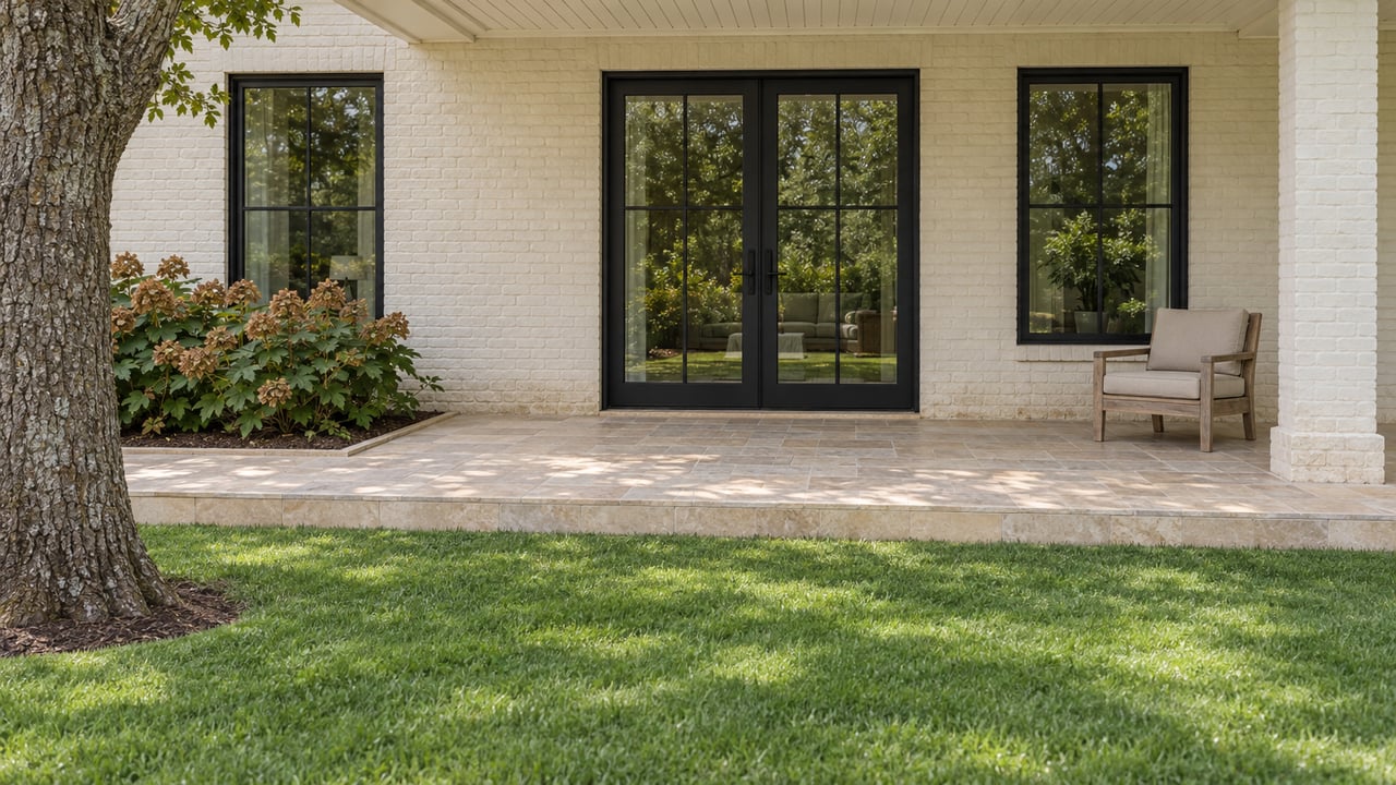 A white painted-brick home opens onto a limestone terrace beside a broad green lawn, with black-framed glass doors, a weathered teak chair and a mature oak.