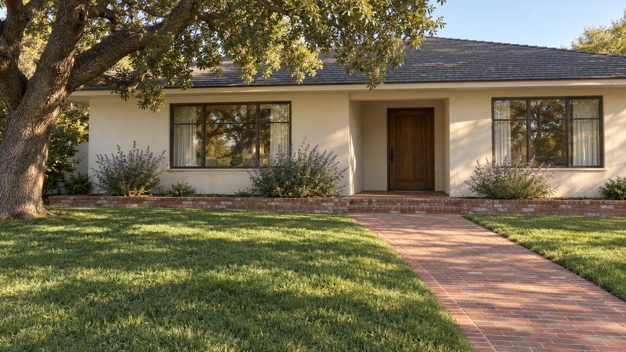 Renovated cream-stucco home behind a deep lawn, with a brick approach, walnut entry door, and mature coast live oak.