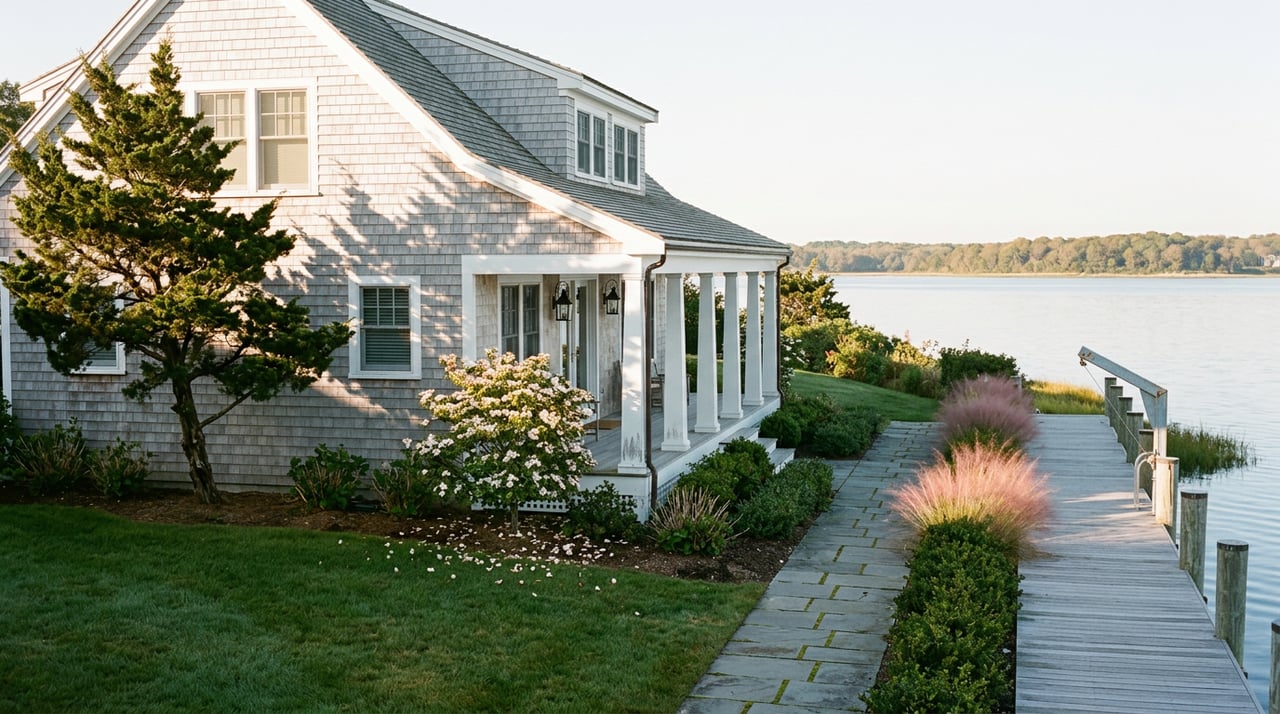 A shingle-sided coastal home overlooks a sloping lawn, bluestone path, and private dock beside water.