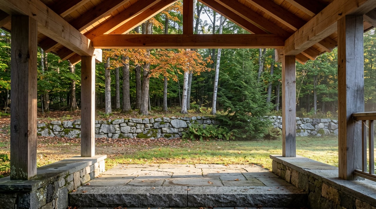 Timber breezeway frames a granite retaining wall, misty clearing, and amber maples at the forest edge.
