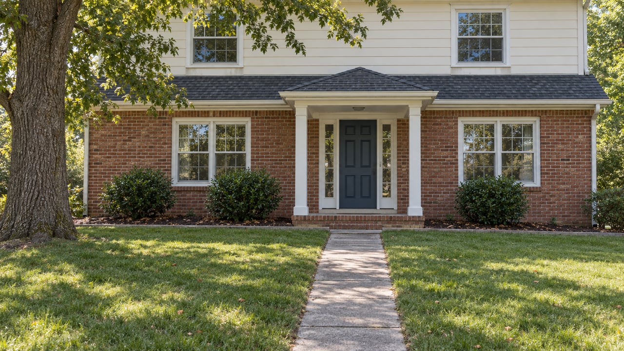 Two-story red-brown brick house with a slate-blue door, cream upper siding, and a lawn crossed by a concrete walk.