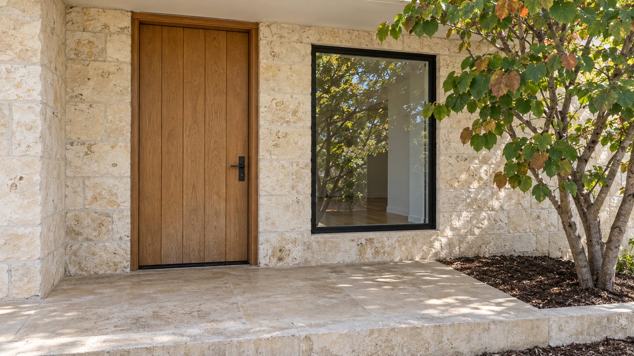 Covered home entry with a weathered oak door, pale limestone walls and paving, black-framed window, and a redbud tree beside the landing.