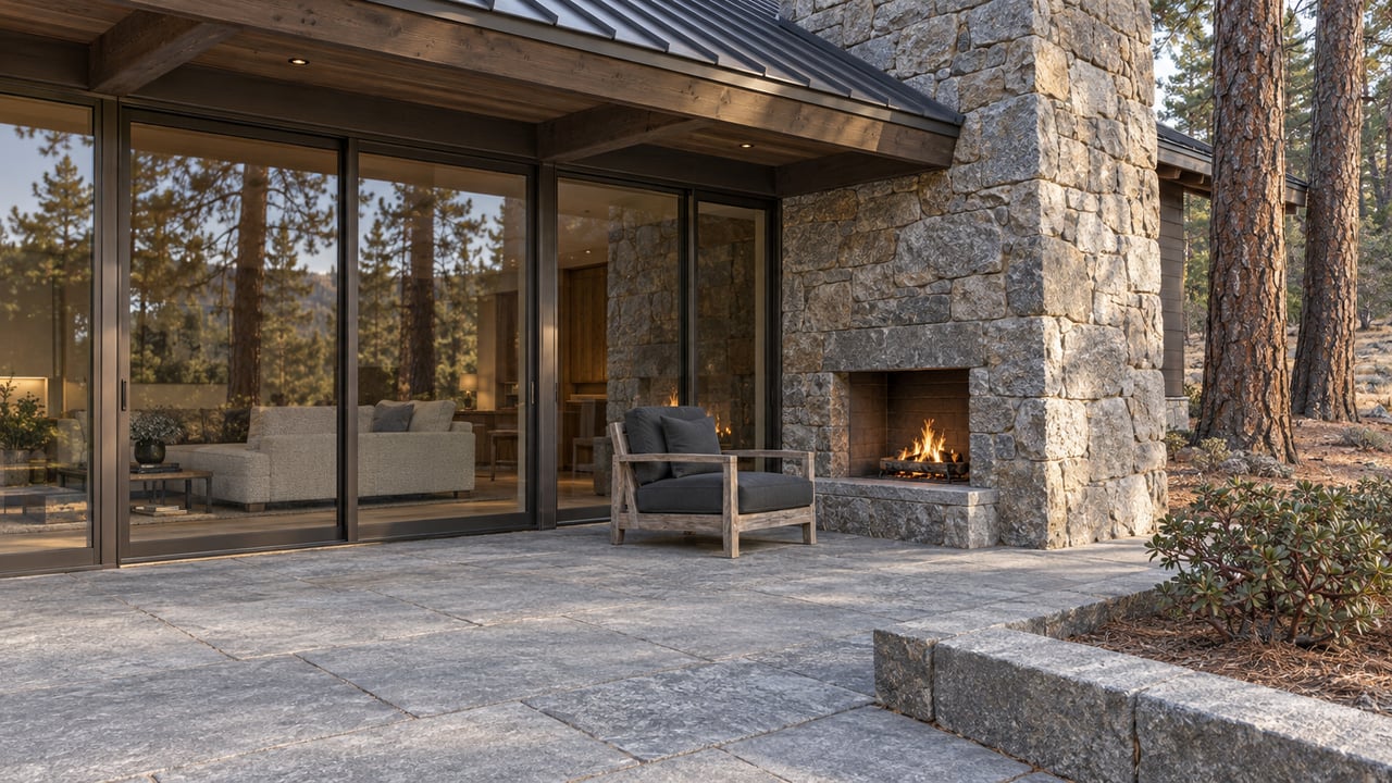 Granite terrace with a teak lounge chair beside a timber-and-stone home, with bronze-framed glazing and two mature pines.
