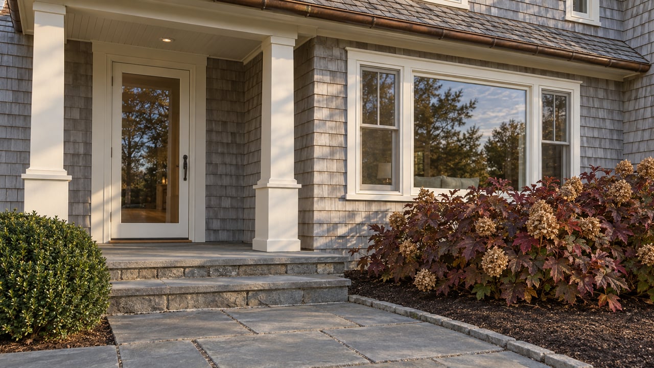 Silver-gray shingle cottage with a white glazed entry, bluestone steps, and autumn oakleaf hydrangea beside a broad window.