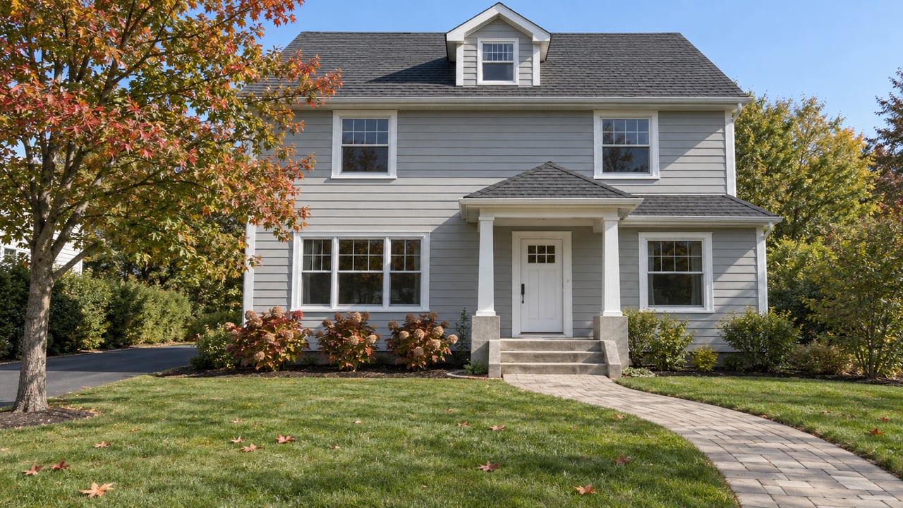 Pale gray two-story home with white trim, a curved paver entry walk, an autumn maple and burgundy oakleaf hydrangeas.