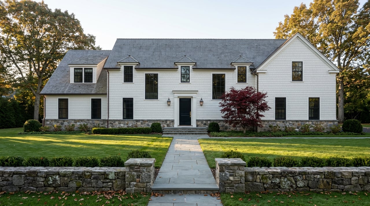 Warm-white shingle-and-stone house beyond a lawn, with a bluestone path, fieldstone wall, and autumn trees.