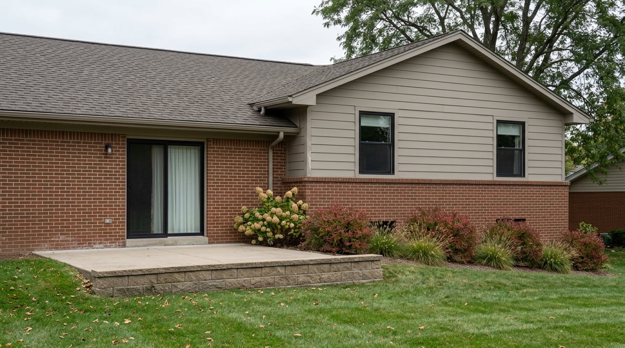 Raised-ranch home with red-brown brick lower level, greige siding, retaining wall, and mature tree beside a sloped lawn.