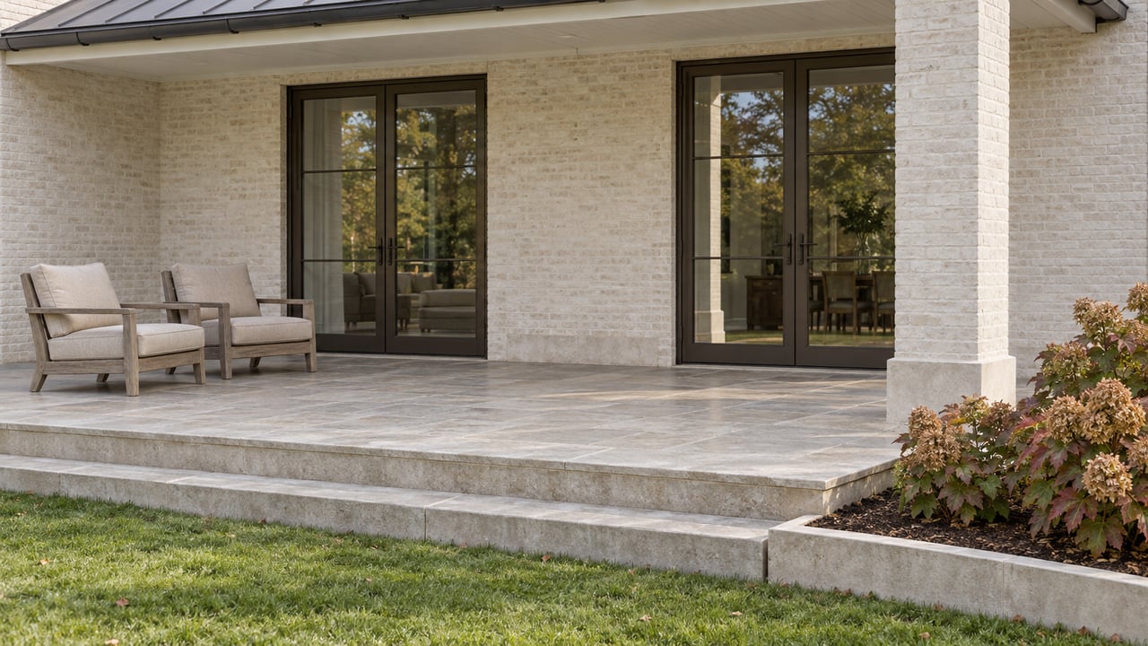 Pale brick home with closed bronze-framed glass doors opening onto a limestone terrace, teak chairs and autumn oakleaf hydrangeas.