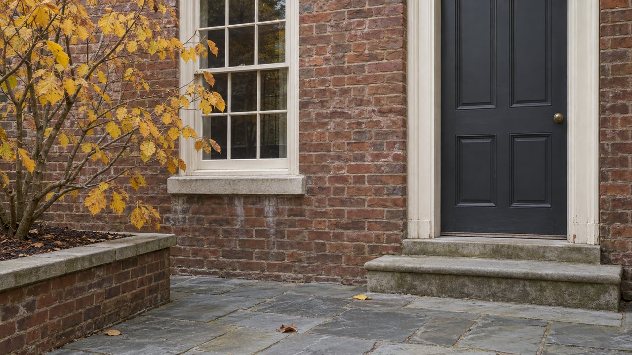 Brick residential courtyard entry with a charcoal door, divided-light window, worn limestone steps and an autumn witch-hazel.