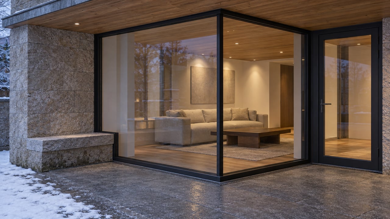 Snow-edged stone terrace outside a warmly lit residence with black steel glazing, an oak canopy and a limestone bench.