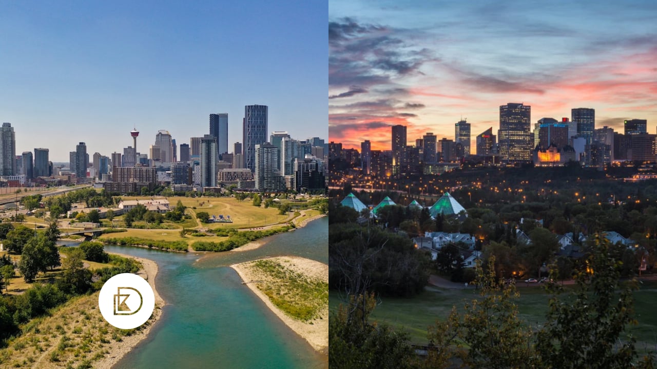 photos downtown calgary during the day and edmonton at night with Dylan Kisilowski's logo