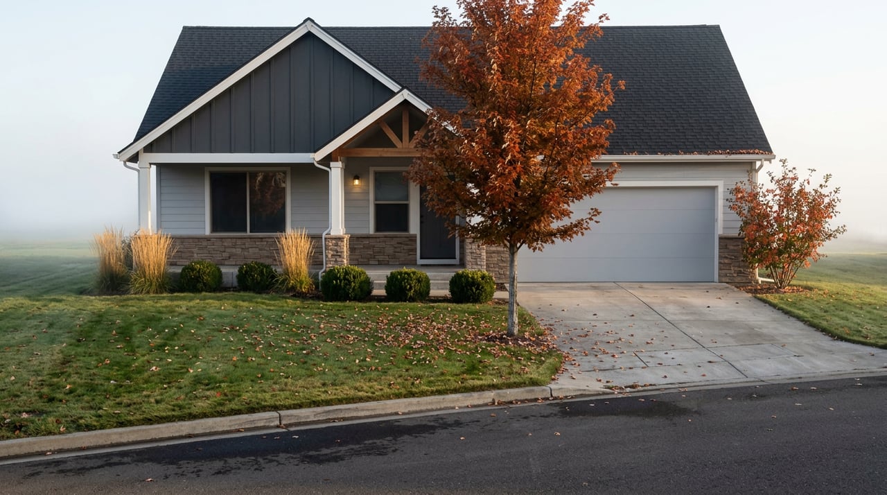 Two-story gray home with a charcoal gable, stone accents, and an orange-red maple in the front lawn.