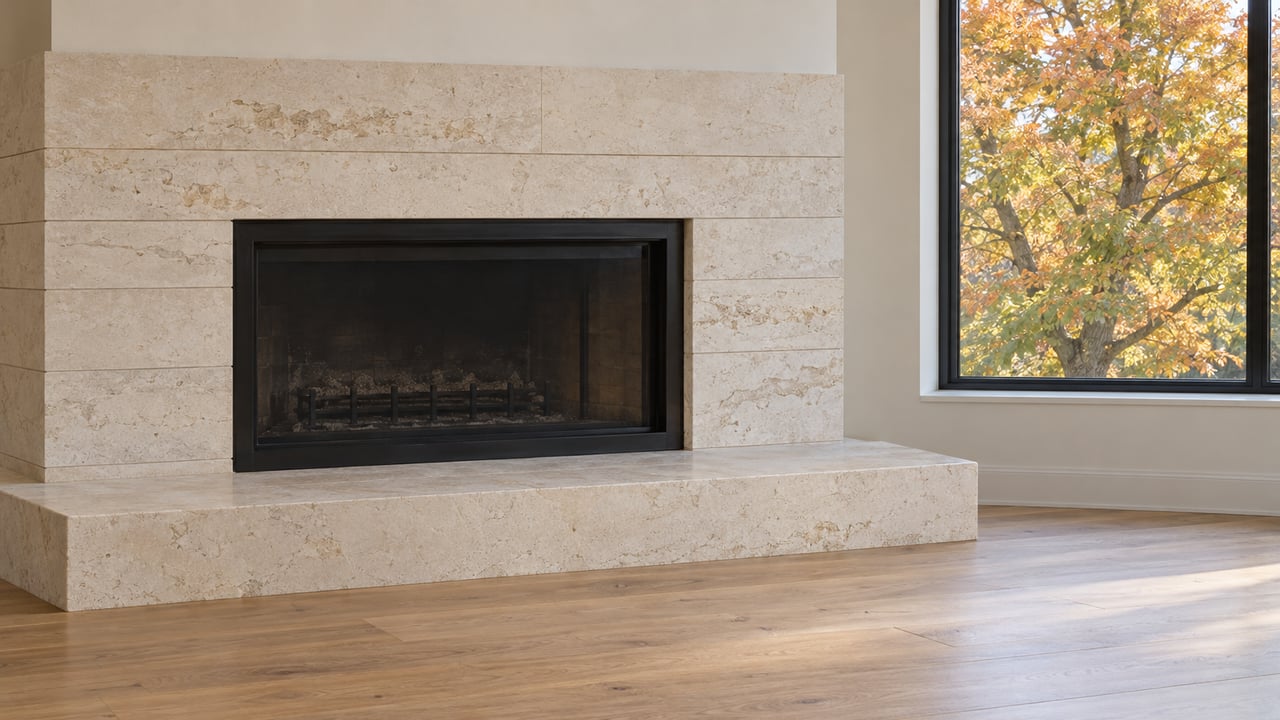 A pale limestone fireplace with a black glass-fronted firebox, oak flooring, and a closed window overlooking amber maple leaves.