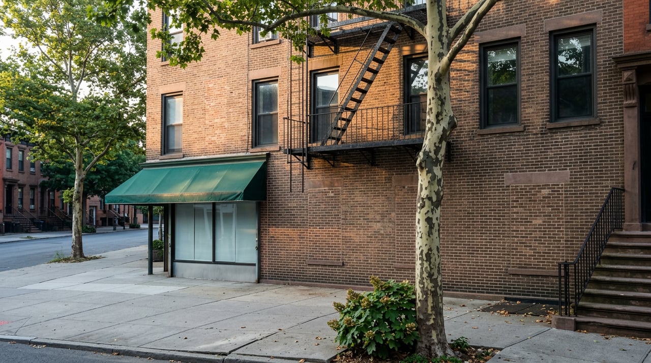 Brick rowhouse storefront with a green awning, black fire escape, stone stoop, and mature plane tree.