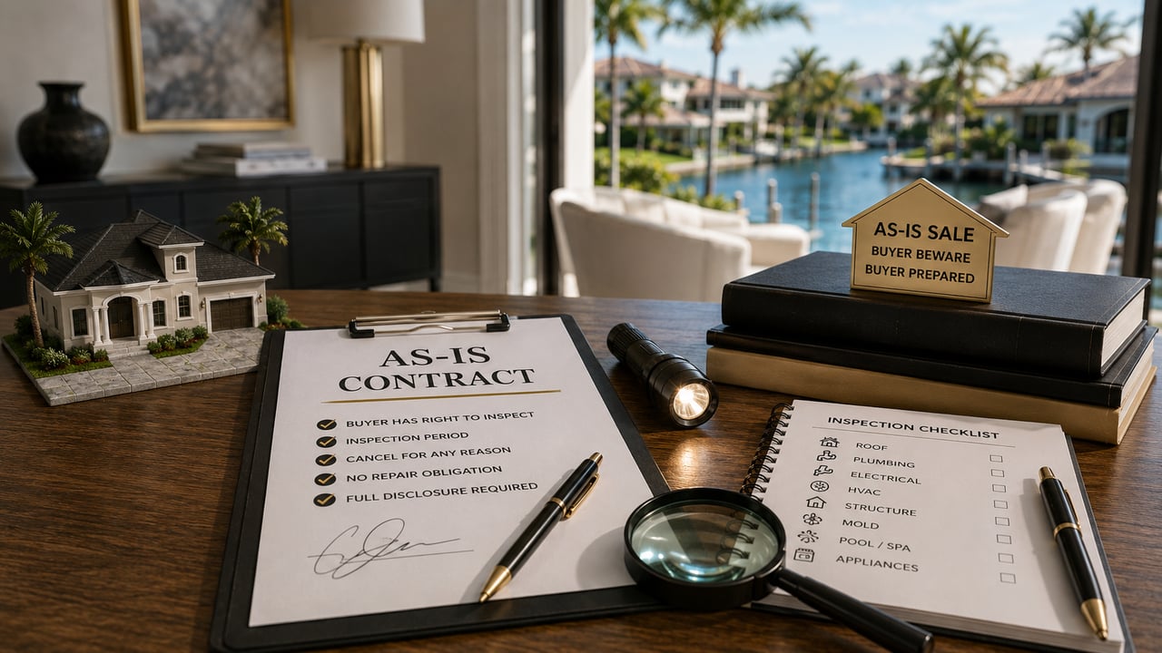 Florida as-is real estate contract with home inspection checklist, model home, and inspection tools overlooking a luxury Southwest Florida waterfront property, illustrating buyer inspection rights, seller disclosure obligations, and as-is home sales in Naples, Fort Myers, Bonita Springs, Estero, and Cape Coral.
