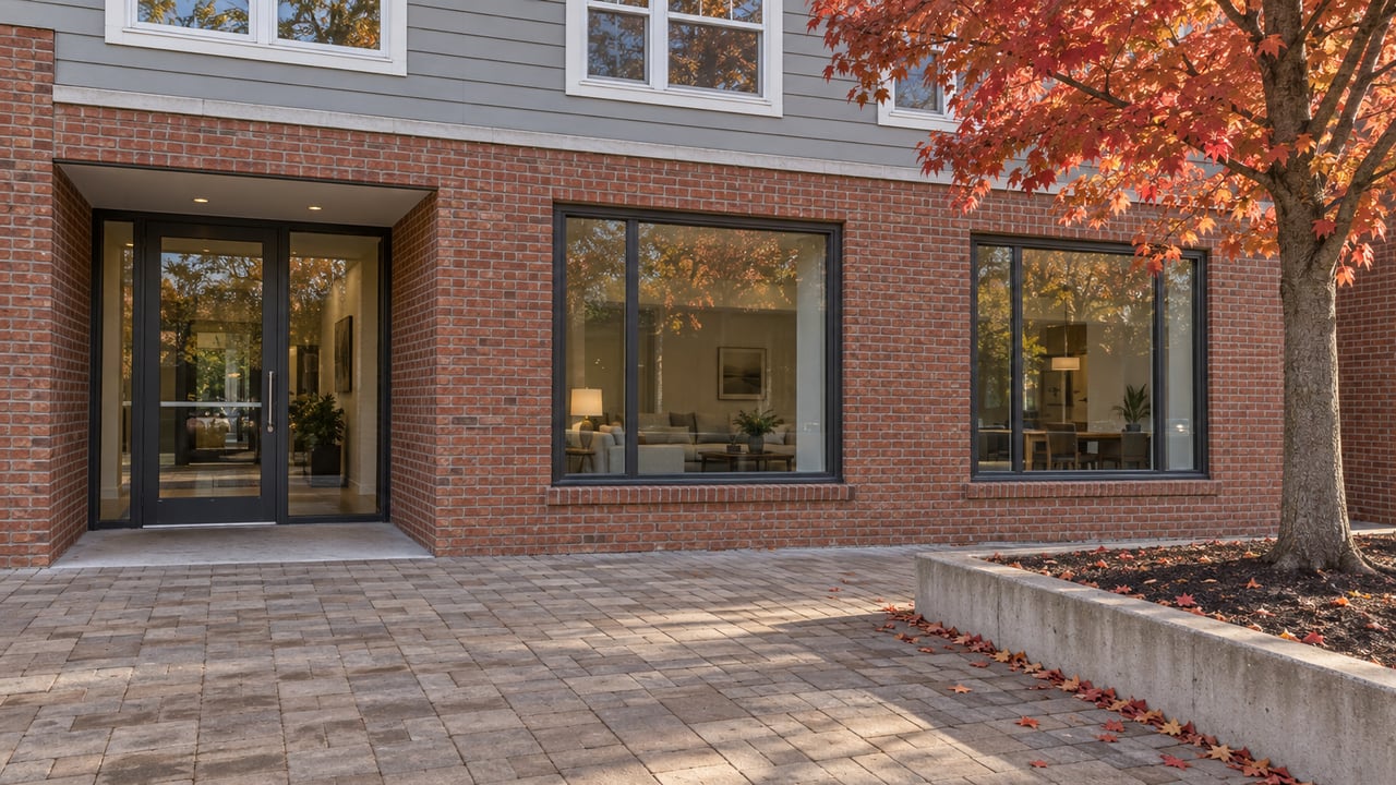 Condominium entrance with red brick walls, glazed windows, gray clapboard upper story, and a copper-red tree.