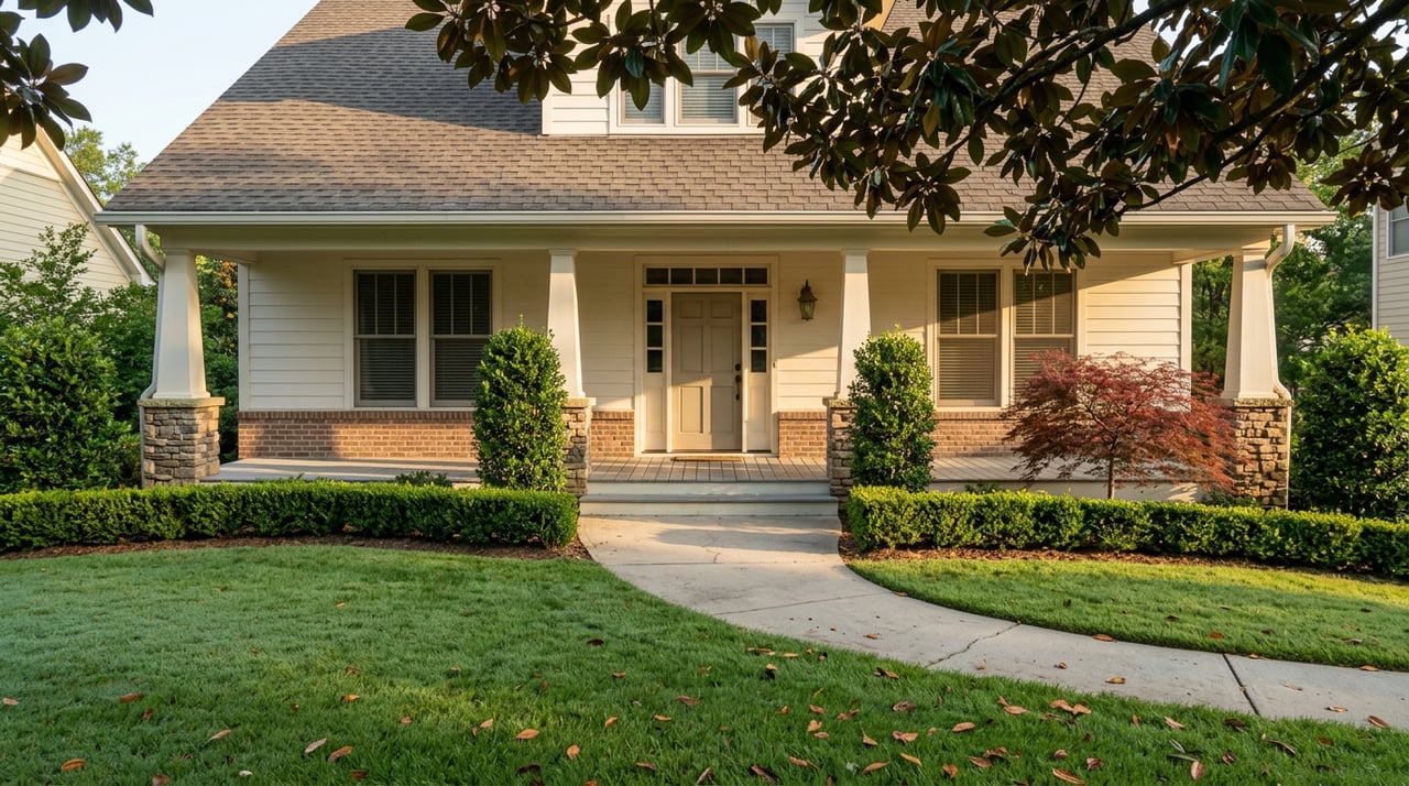 Traditional two-story home with a covered porch, brick base, curved walkway, and magnolia canopy.