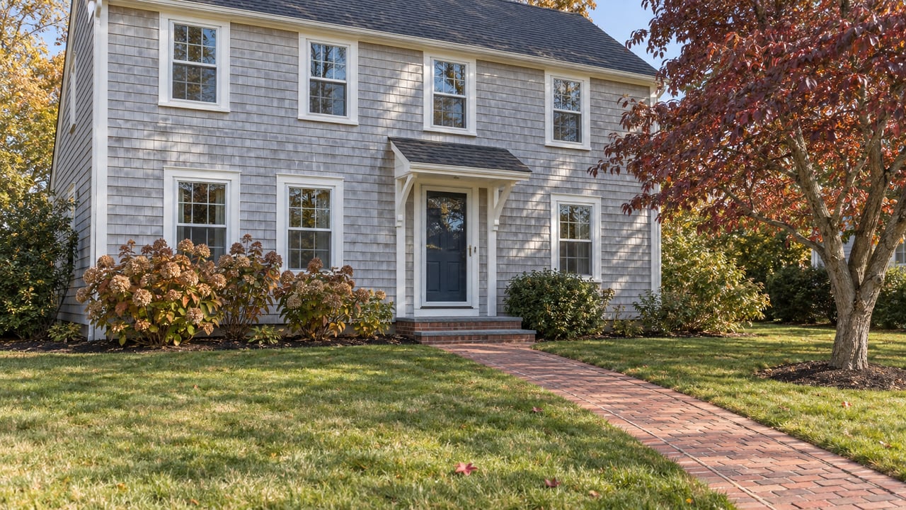 A pale gray cedar-shingled home behind a deep autumn lawn, with a brick walk, navy entry door and burgundy dogwood.