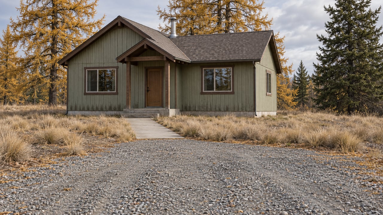 Modest sage-sided timber home with a steep shingle roof, gravel approach, and golden larch trees in an autumn clearing.