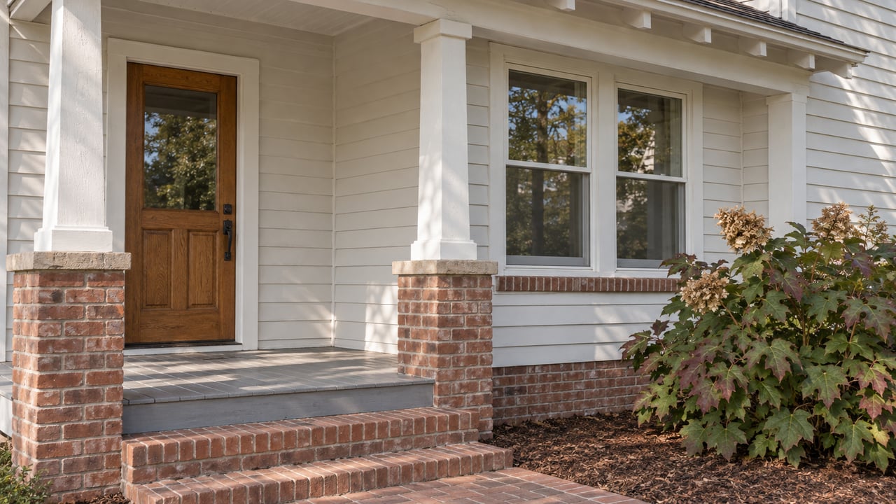Close view of a white cottage porch with an oak front door, paired windows, weathered brick steps and an oakleaf hydrangea.