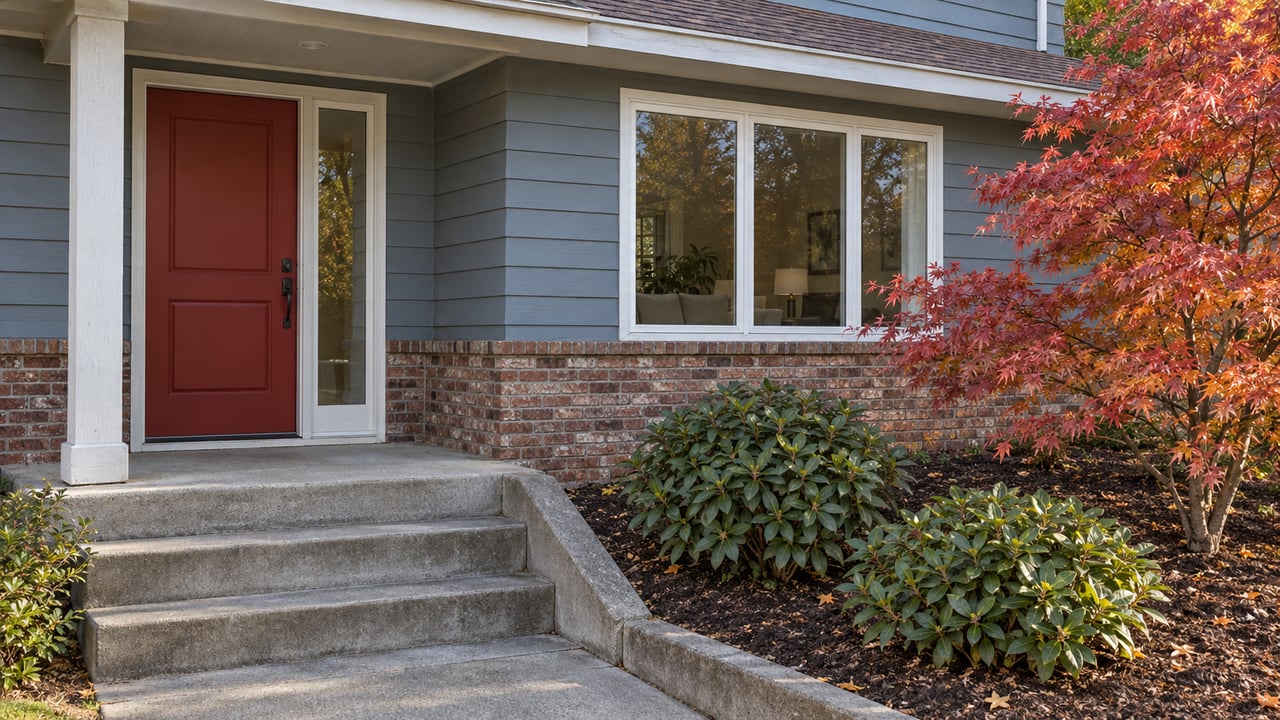 Blue-gray split-level home with a sheltered red front door, brick base, concrete entry steps and an autumn Japanese maple above rhododendrons.