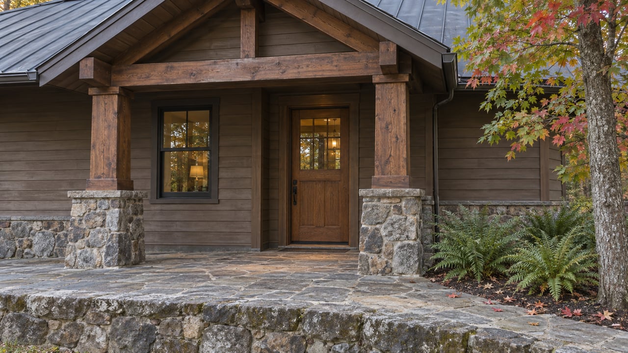 Timber-and-stone home entry with a sheltered oak door, flagstone terrace and a red maple at the edge.