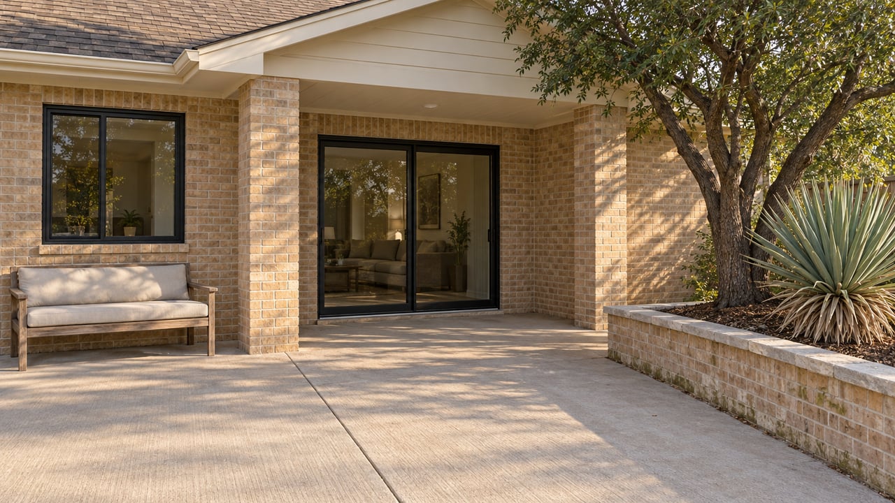 Buff-brick home with a covered concrete terrace, black-framed glass doors, a teak bench and a raised bed containing a branching ebony tree and a blue-green yucca.
