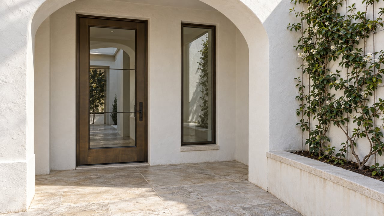 White stucco courtyard arch sheltering a bronze-framed glass entry, with pale limestone paving and a jasmine vine in a raised masonry bed.