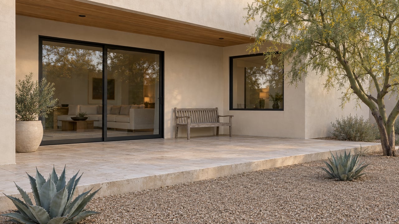 Suburban home’s stucco rear facade with covered patio, black-framed glass doors, limestone terrace, and desert plants.