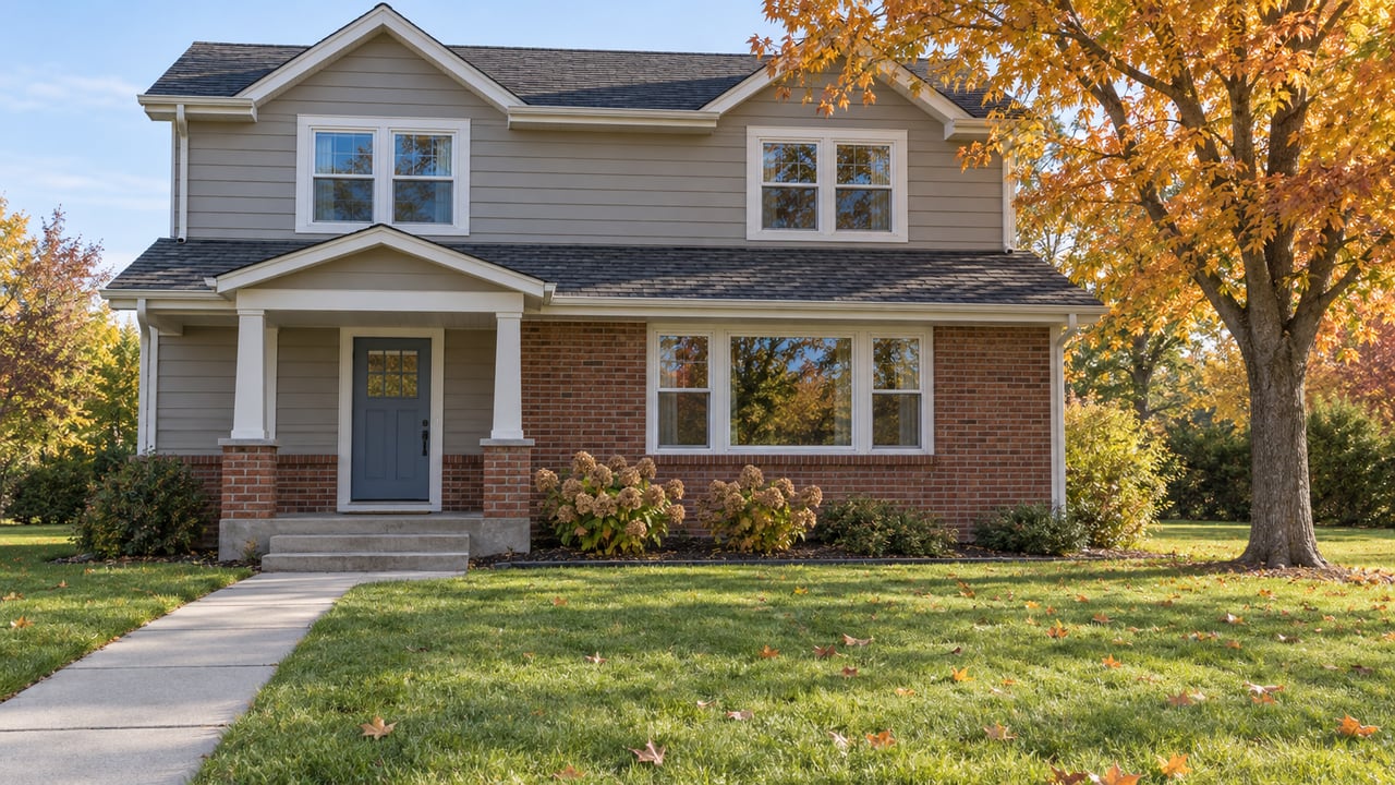 Two-story gray-sided home with brick accents, a broad autumn lawn and a mature amber-leaved maple.