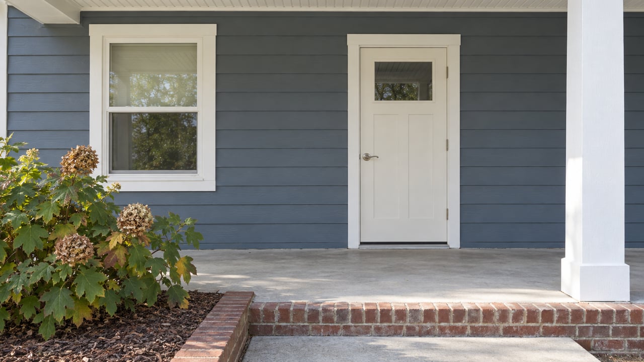 Close view of a covered front entry with slate-blue lap siding, a white door and window, a concrete porch, red-brown brick step and an oakleaf hydrangea.