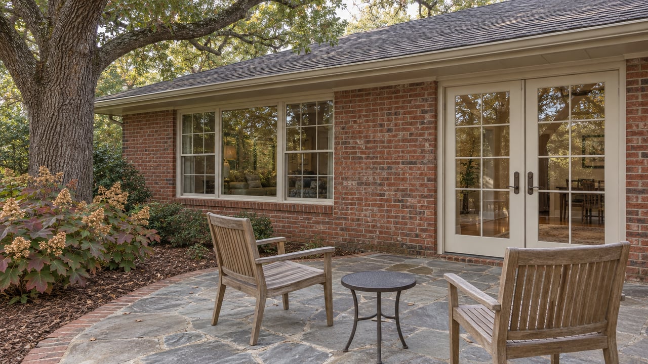Weathered flagstone patio with two teak chairs outside a red-brick ranch, framed by a mature white oak and oakleaf hydrangeas.