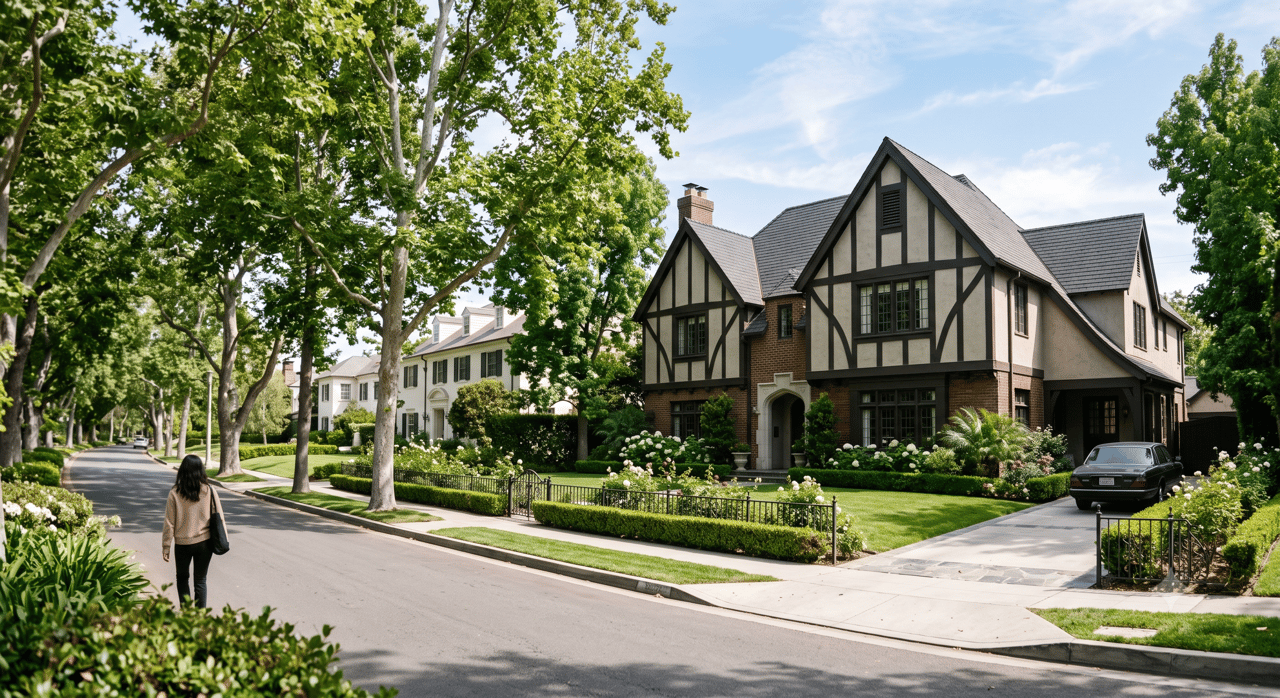 Tree-lined street with a prominent Tudor-style home and landscaped yards.