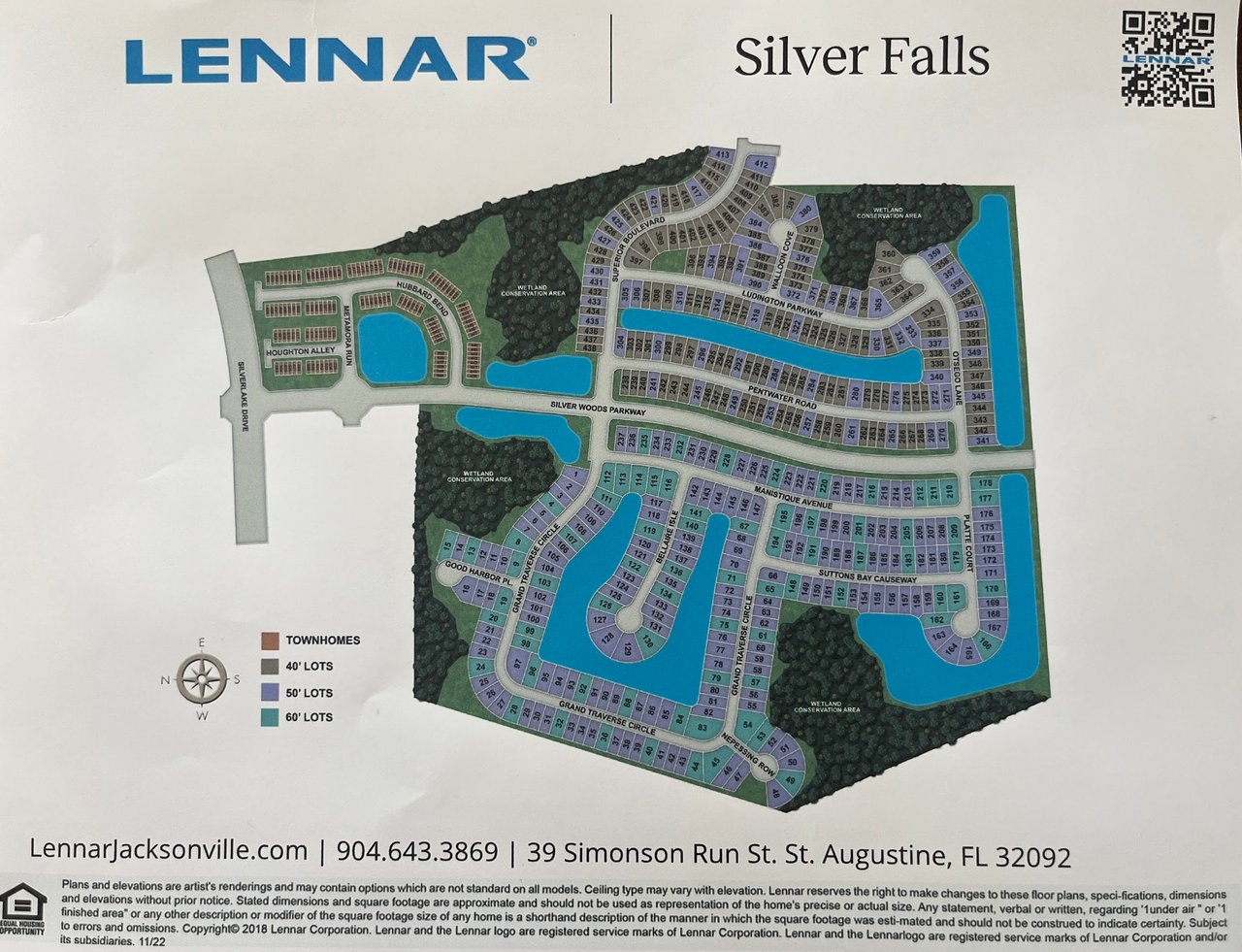 Silver Falls subdivision map with numbered lots, streets, ponds, wetlands, and lot-size categories.