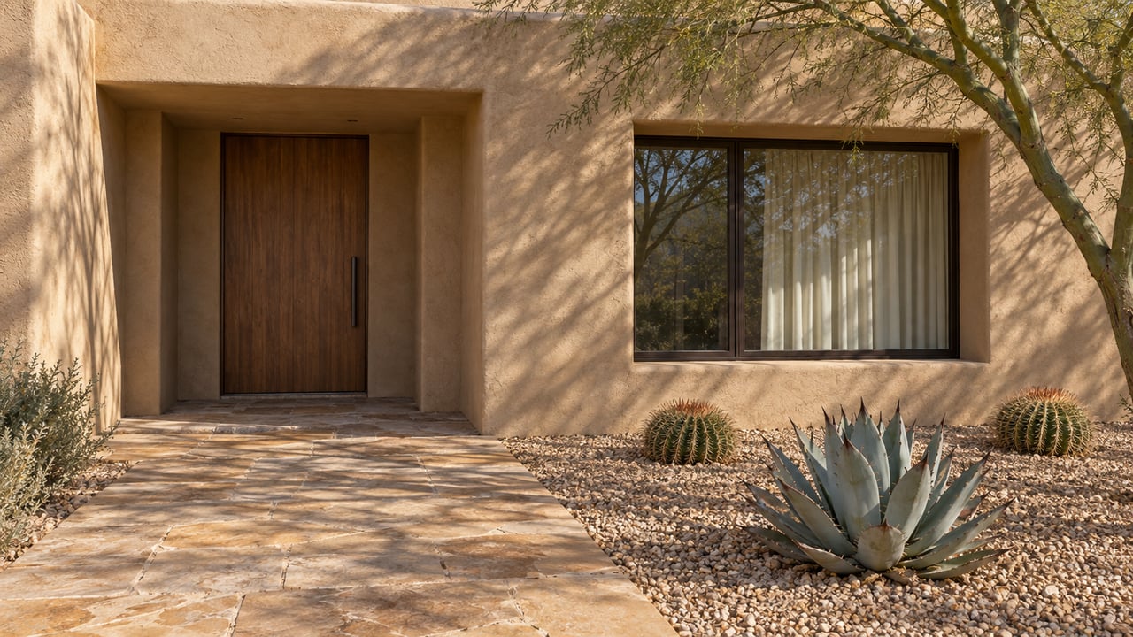 Warm stucco home with a recessed walnut entry, sandstone approach and sculptural desert plants in crisp morning light.