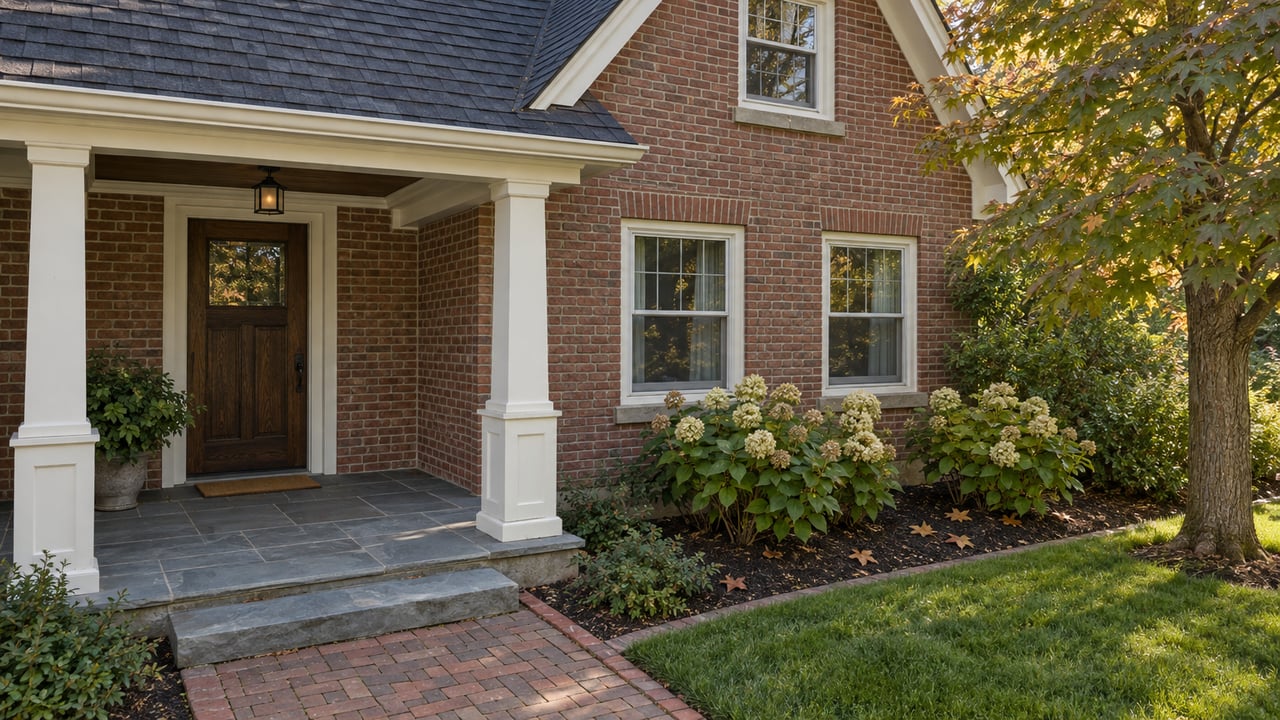 Brick home entrance with a covered porch, stone steps, and flowering shrubs.