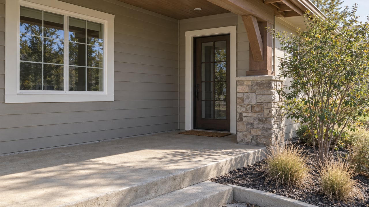 Ranch-house porch with a recessed glazed door, gridded window, stone pier, and grasses beside the step.