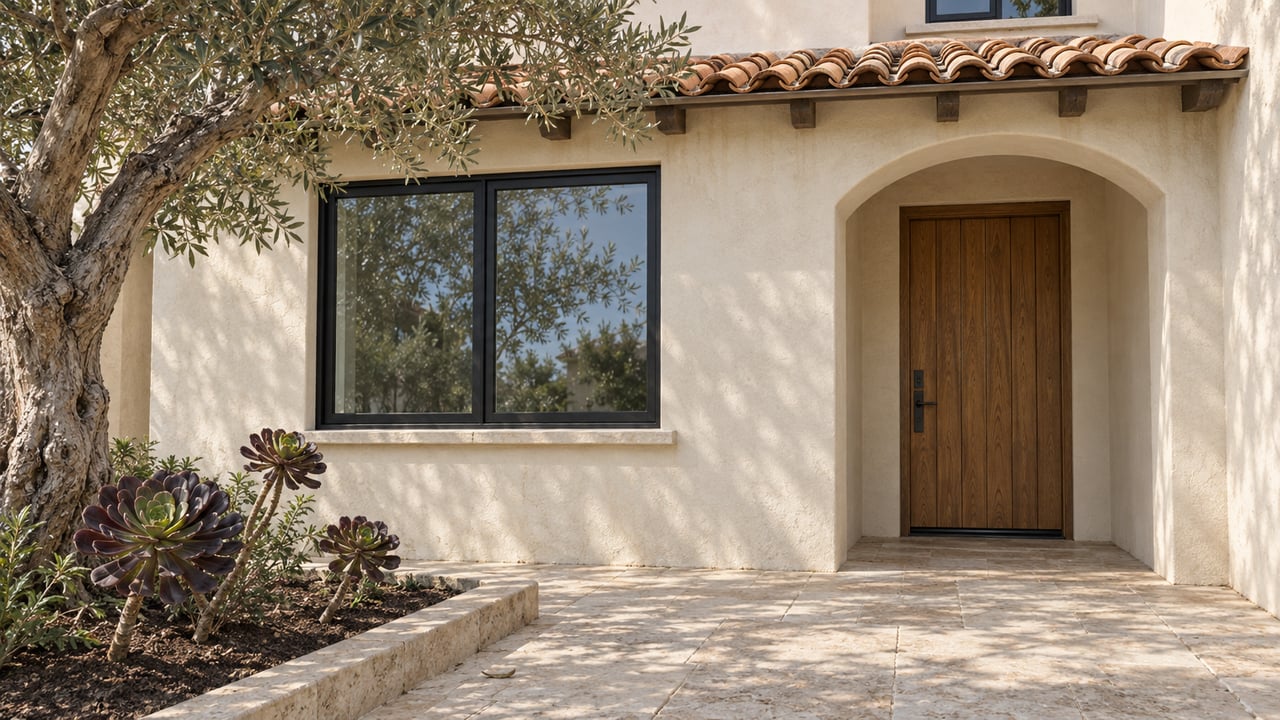 Sunlit ivory stucco home with an arched oak entrance, clay tile canopy, limestone approach, and a sculptural olive tree.