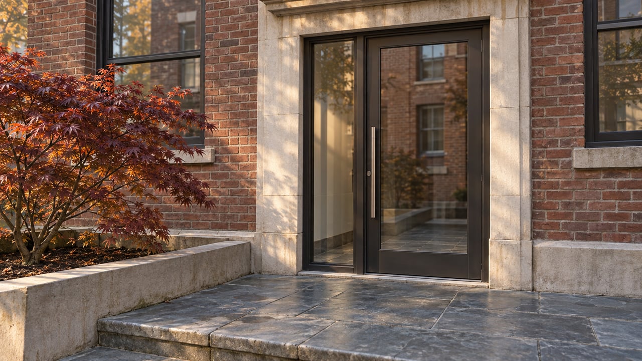 Brick apartment entrance with a glass door, limestone surround, worn stone landing and one copper-leaved Japanese maple.