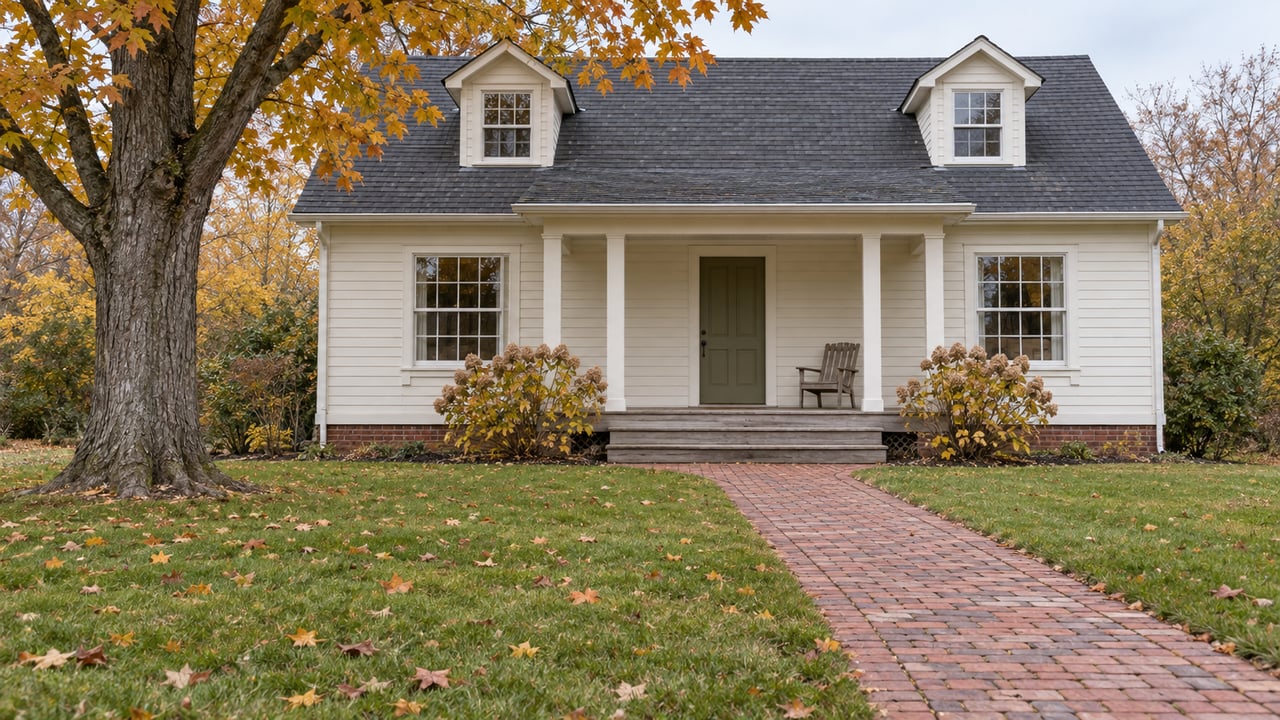 Cream clapboard home with a covered porch, worn brick walkway and broad autumn lawn beneath an amber sugar maple.