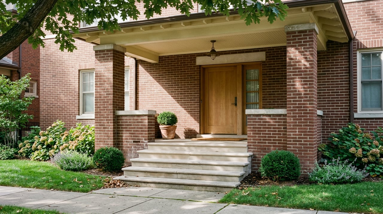 Limestone steps rise between brick piers to a white oak entry door beneath a leafy oak canopy.
