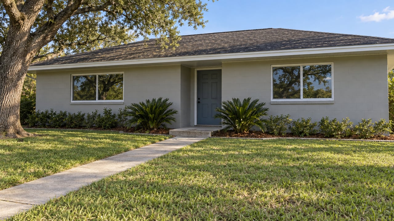 A light-gray single-story home beyond a broad lawn, with a concrete front walk, shaded blue-gray entry door, and a mature spreading oak.