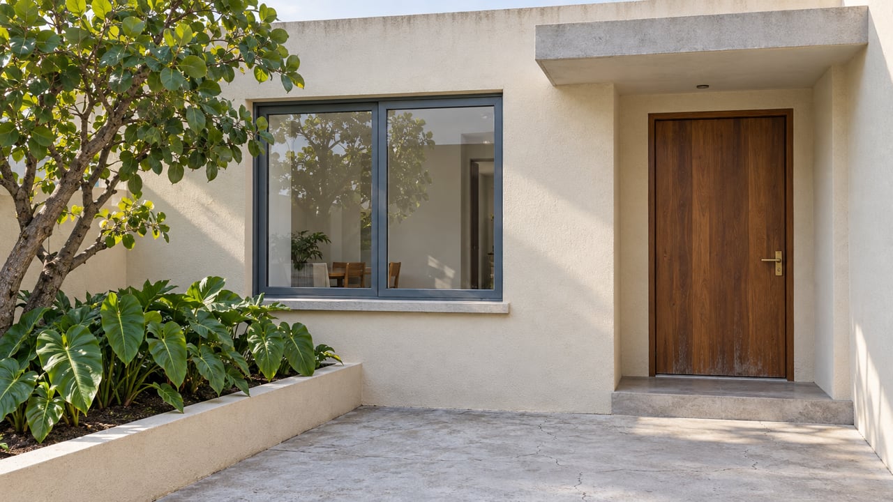 Morning sunlight on a cream-stucco home's sheltered timber entrance, blue-gray framed window and raised sea-grape planting bed.