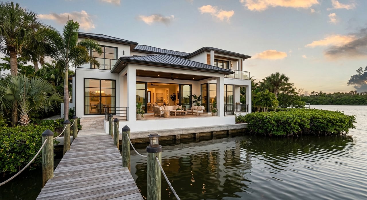 Dock and rippling water lead to a white-stucco lanai with limestone steps and black-framed doors.