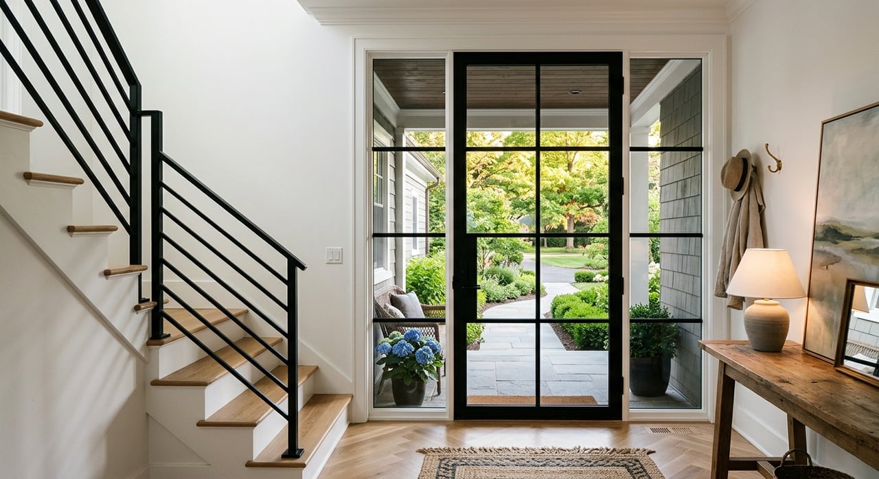 White glass-paneled front door opens onto a columned porch, with herringbone flooring and a staircase beside it.