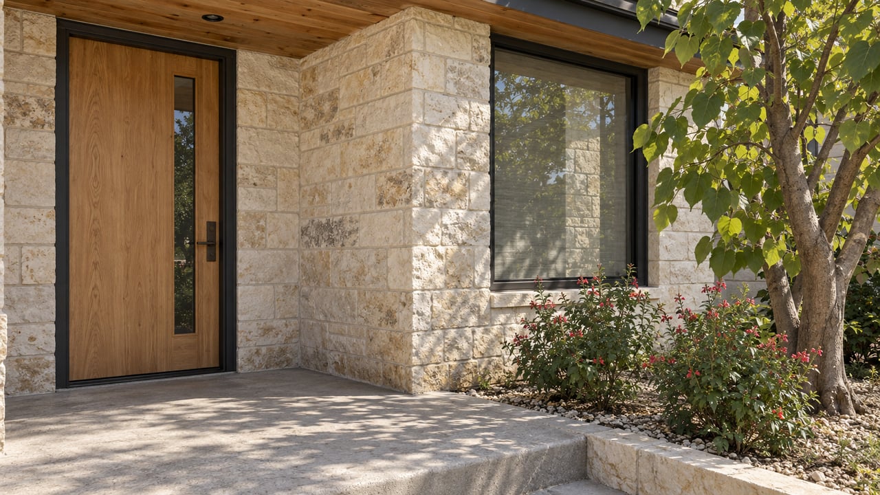 Sunlit limestone porch with an oak front door, cedar soffit and redbud beside a concrete landing.