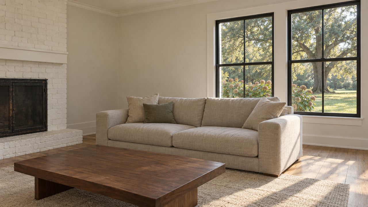 Sunlit living room with a white brick fireplace, linen sofa, pale oak floor, and black-framed windows overlooking a mature oak.