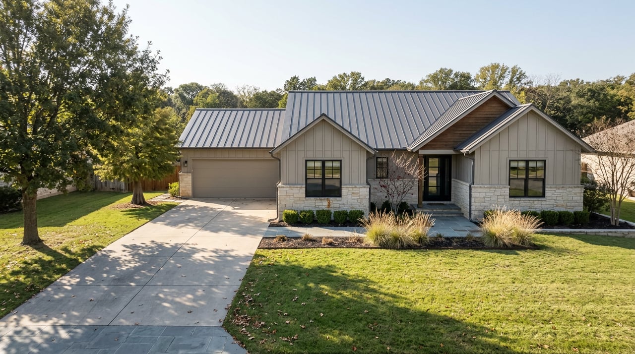 Greige and limestone house with a charcoal metal roof, curved driveway, and landscaped front lawn.
